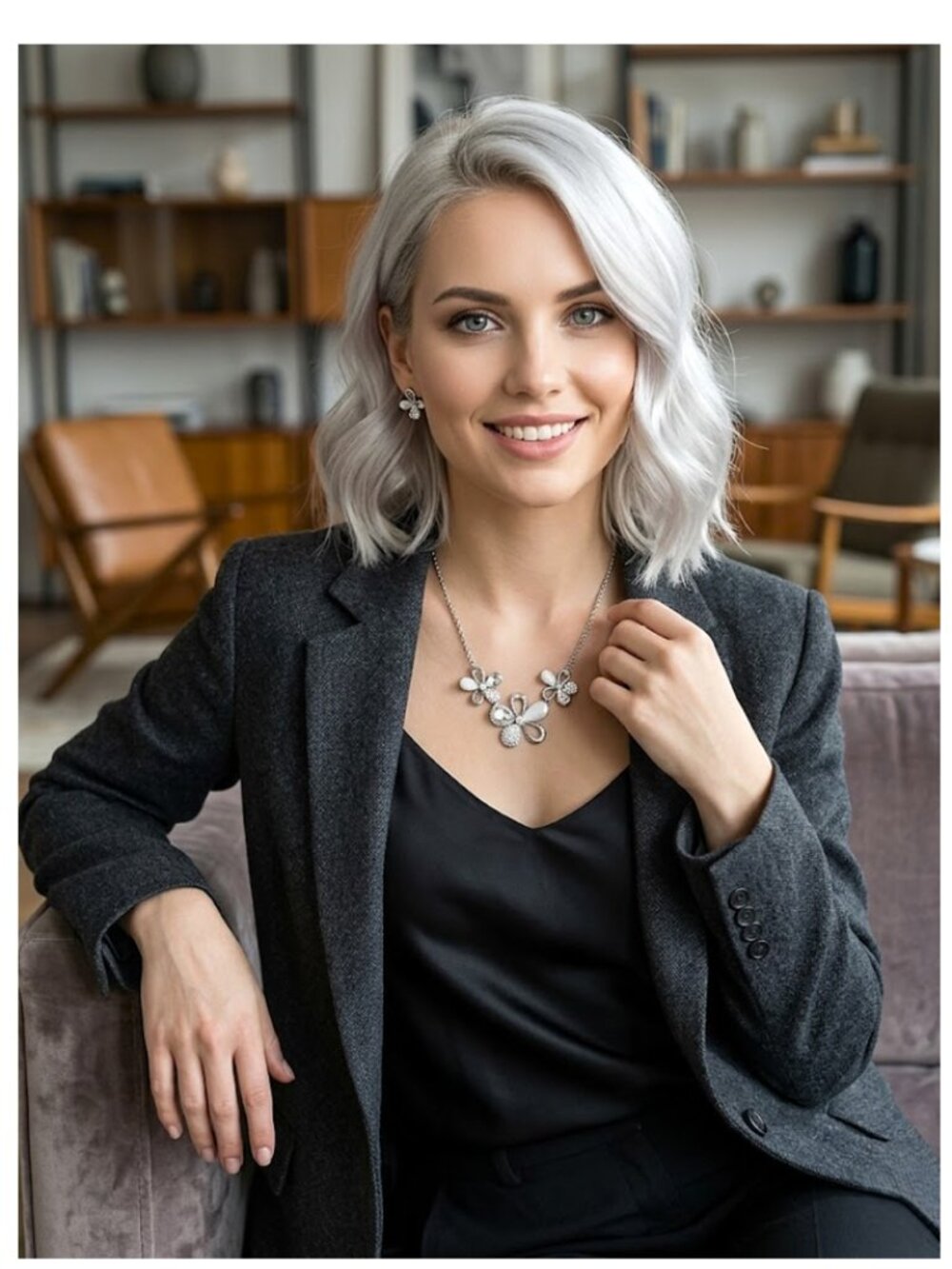 (3 for $15) NECKLACE - Silver flowers with crystal and translucent petals